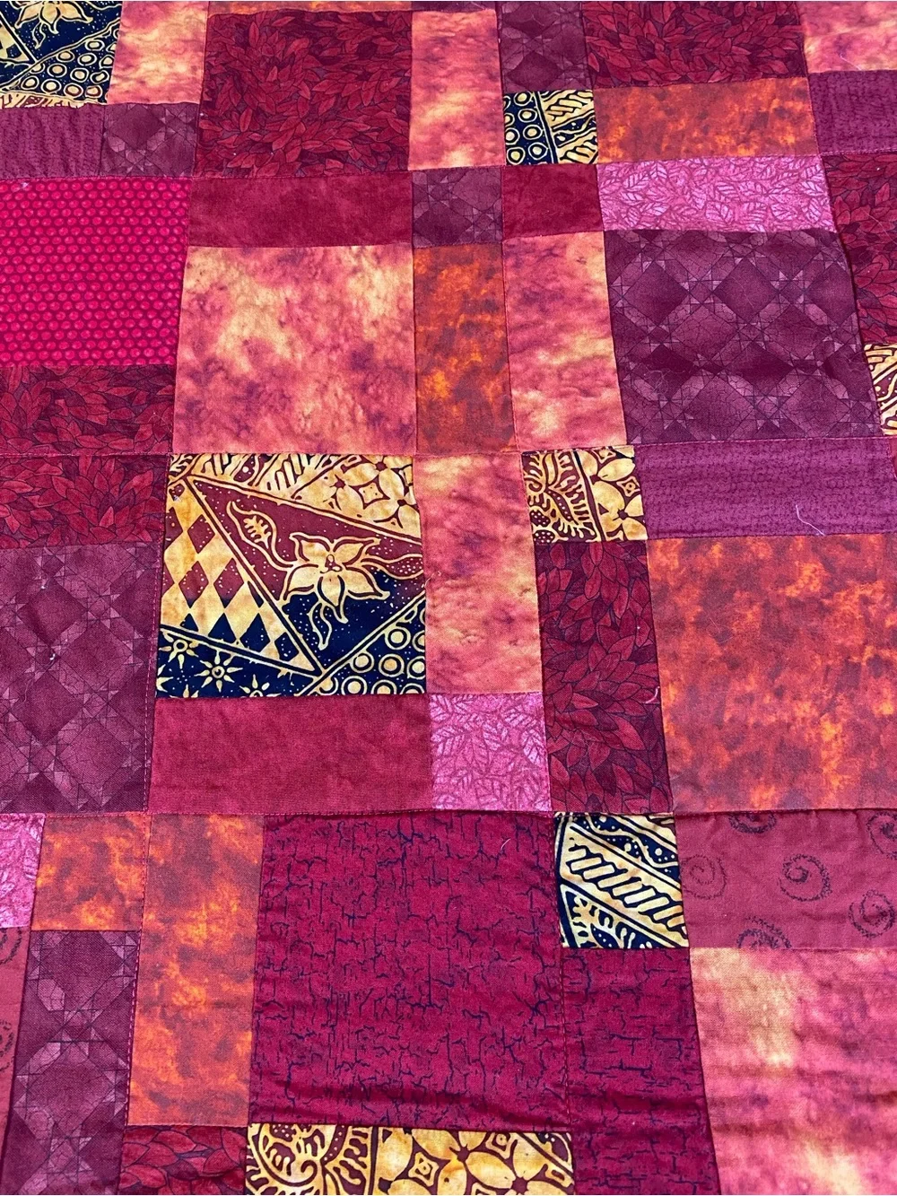 Patchwork Red & Orange Quilted Bedspread with Accented Prints Handmade